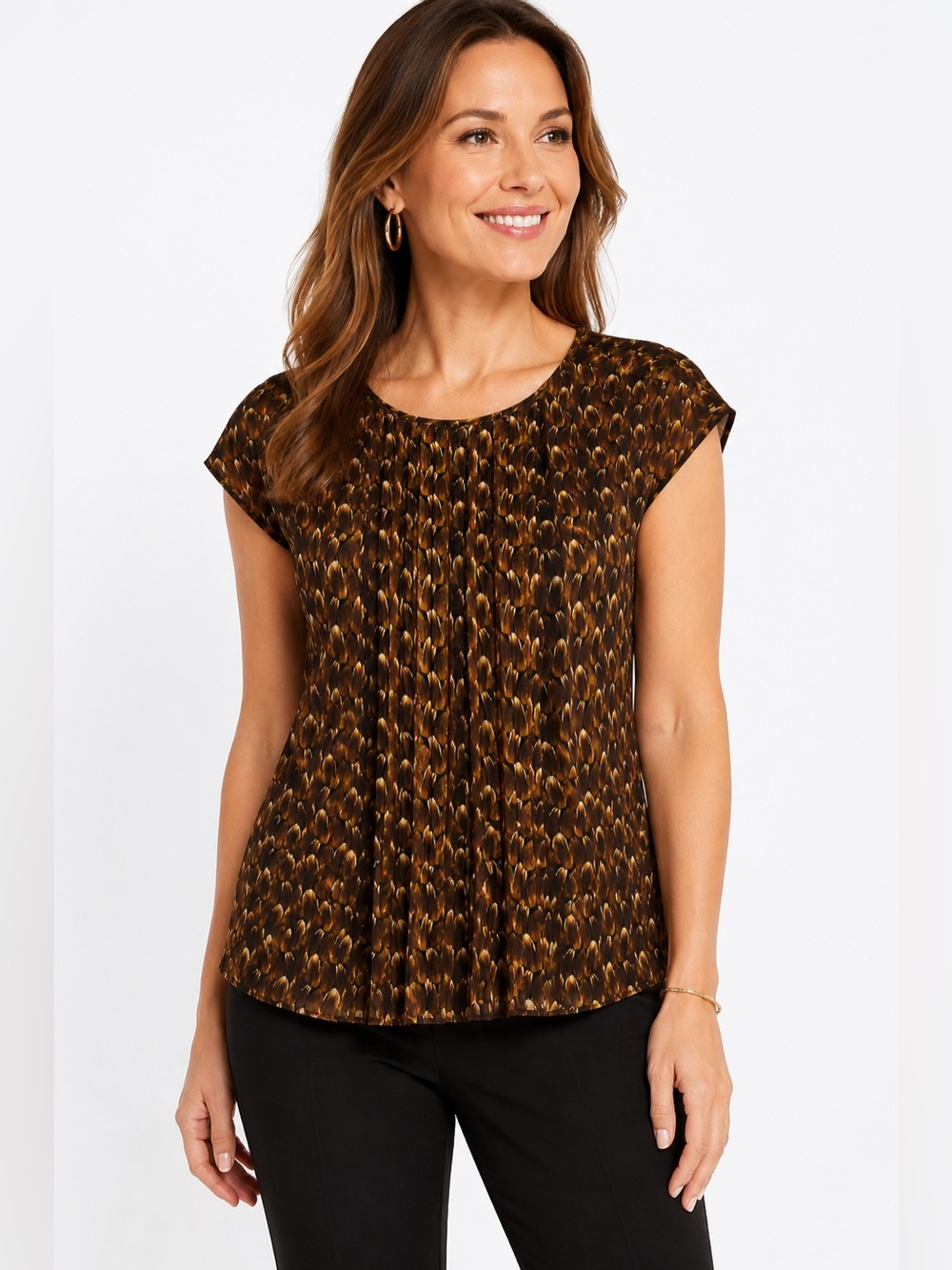 TALBOTS Brown and Gold Yellow Pleated Blouse with Bib Collar 10P Petites Office